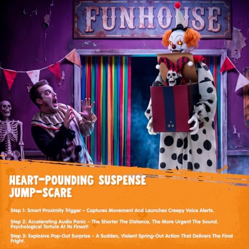 JOYIN 67" Halloween Animatronic Clown with Pop-Up Box, Halloween Decor Outdoor Motion Activated Jump Scare Prop, Glowing LED Eyes Creepy Sound, Scary Haunted House Props for Garden Yard Lawn Party
