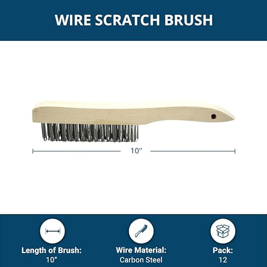 Benchmark Abrasives 10" Shoe Handle Wire Scratch Brush Wooden Handle for Cleaning, Removing Rust, Paint, Corrosion, Multi-Purpose Wire Brush - 12 Pack (Carbon Steel)