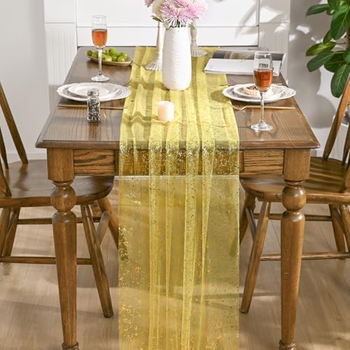Artoid Mode Light Yellow Gold Gauze Table Runner 120 Inch 10FT, Glitter Metallic Foil Sheer Dining Wedding Anniversary Holiday Birthday Table Decor for Home Party