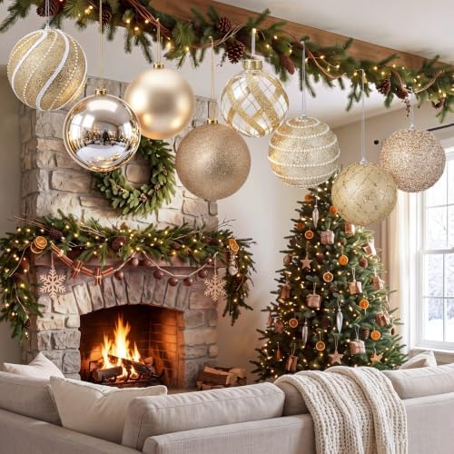 Lyrow 8 Pcs Champagne Large Christmas Ball Ornament 6 Inch Hanging Ornament
