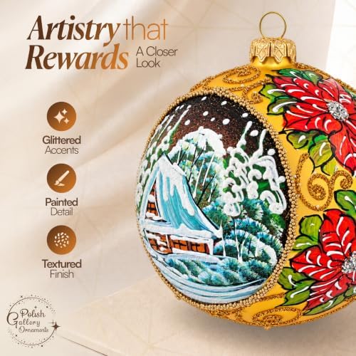 Hand Blown Glass Ball Christmas Ornament, 5 in, Golden Poinsettia Gold