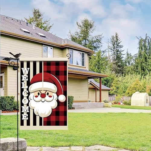 Christmas Santa Claus Garden Flag Welcome Sign Outdoor Yard Decoration Red Black Plaid Buffalo Check Holiday Banner Vertical Double Sided Winter Holiday House Lawn Decor 12 x 18 Inch