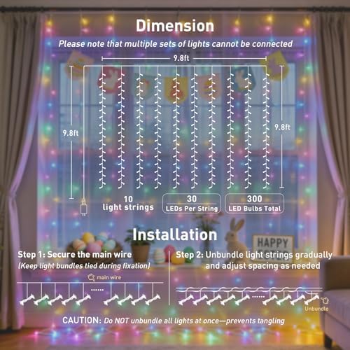 JMEXSUSS 300LED Curtain Lights for Easter Decor, 9.8x9.8ft, Pastel