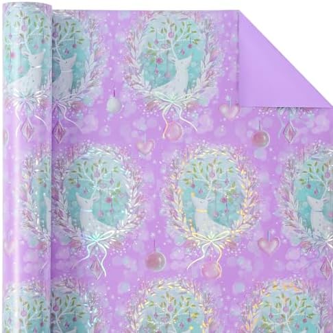 WRAPAHOLIC Reversible Purple Christmas Wrapping Paper - Mini Roll - 17 Inch x 33 Feet - Purple Reindeer and Christmas Garland with with Metallic Foil Shine for Holiday, Party Celebration