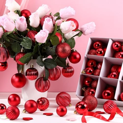 Lunmon 64 Pcs Red Christmas Ornaments Luxury Red Xmas Bulbs