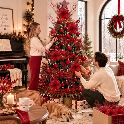 77 Pcs Christmas Tree Decorations Star Topper Ornaments Artificial Poinsettia Flowers Claret Balls Velvet Bow Berry Picks Christmas Tree Hanging Ornaments for Xmas Home Office Decorations