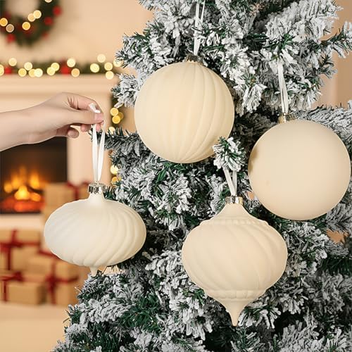 Civaner 4 Pcs Large Velvet Christmas Ball,6 Inch,Beige