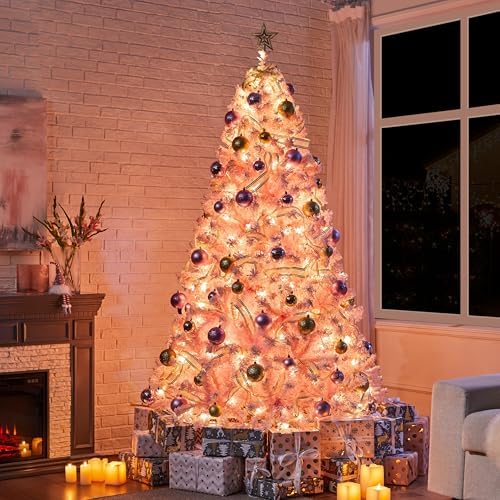 Yaheetech 7.5ft Pre-Lit Pink Artificial Christmas Tree with 550 Lights