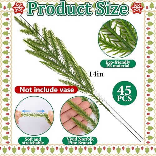 60 Pcs Christmas Norfolk Pine Branches Red Berry Stems Faux Christmas Sprig
