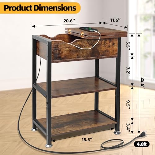 Flip Top End Table with Hidden Charging Station, 12" D x 21" W x 26" H