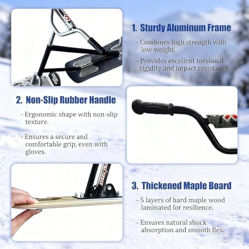 Snow Scooter Sled with 360° Spinning Ski Boards, High-Strength Aluminum Chassis & Maple Wood Platform for Family Fun and Snow Adventures, All Skill Levels
