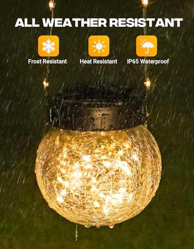 PARTPHONER Solar Lights Outdoor Waterproof 24-Pack, Solar Powered Hanging Lantern Cracked Glass Hanging Globes for Yard Decor Christmas Decoration, Shepherd Hook, Garden Tree Table Ornaments, Warm