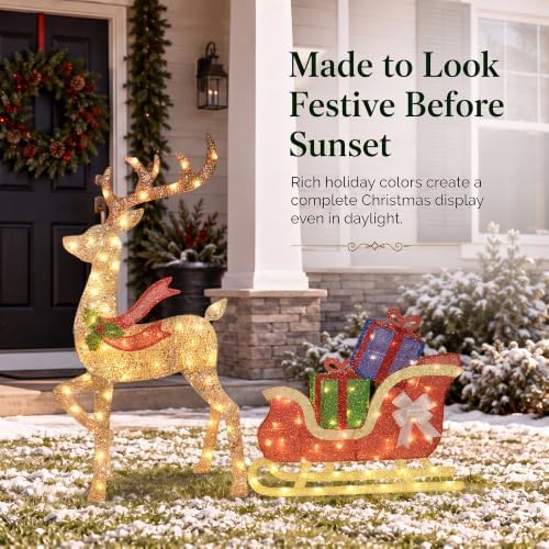 43 ‌"‌ 2.5D Lighted Christmas Reindeer with Sleigh Outdoor Decorations, Deer Pulling Gift Sled with 100 Warm White Lights, Stakes and Zip Ties for Yard Lawn Porch Garden Holiday Decor