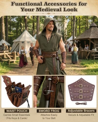 NTYNTY 8 Pcs Mens Renaissance Costume Set Medieval Outfit with Hooded Surcoat Belt Pouch Bracers for Halloween LARP Ren Faire