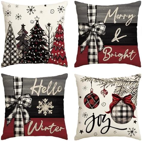 Merry Christmas Joy Xmas Trees Red Throw Pillow Covers, 16x16 Inch Christmas Winter Holiday Cushion Case Decoration for Sofa Couch Set of 4