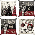 Merry Christmas Joy Xmas Trees Red Throw Pillow Covers, 20x20 Inch Christmas Winter Holiday Cushion Case Decoration for Sofa Couch Set of 4