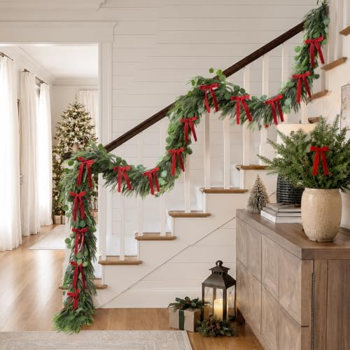 Christmas Decorations, 6FT Norfolk Pine Garland with Red Velvet Ribbon Bows