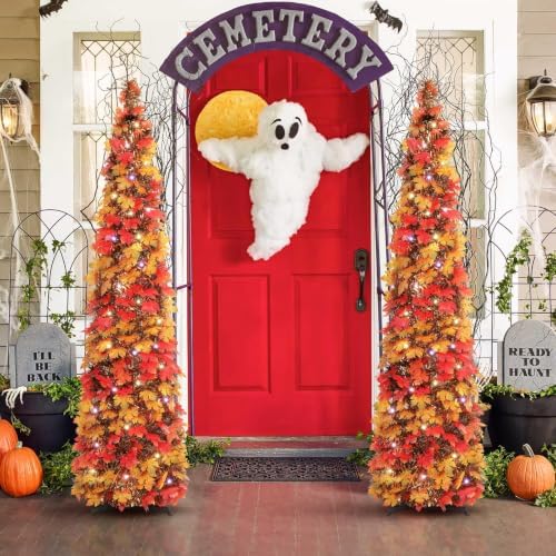 N&T NIETING Fall Tree Home Decor, 5FT Pop Up Tree with Lights & Timer & 8 Modes, Collapsible Tinsel Pencil Tree for Autumn Harvest Porch Thanksgiving Party Decorations, Fall Maple Leaves