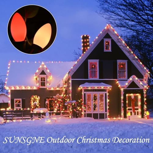 SUNSGNE C9 Christmas Outdoor String Lights 25 Feet Vintage Christmas Tree Lights with 26 7W Red White Glass Bulbs(1 Spare) for Backyard Patio Balcony Xmas Decor, Green Wire