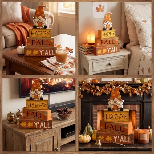 Lineshading 4 Pcs Fall Table Decor Wooden Block Signs with Gnome Set