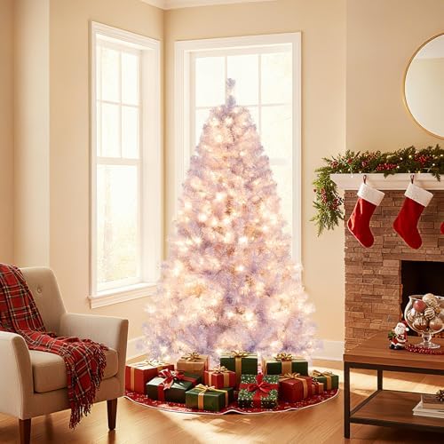 HAPPYGRILL 6 FT Pre-lit Tinsel Christmas Tree Artificial Xmas Tree with 250 LED Lights, 8 Modes, 688 Lavender Purple Branch Tips, Folding Metal Stand, Seasonal Holiday Tree for Home Office Party