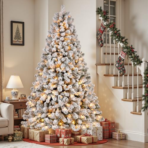SHareconn 7ft Snow Flocked Spruce Pre-lit Artificial Christmas Tree, White