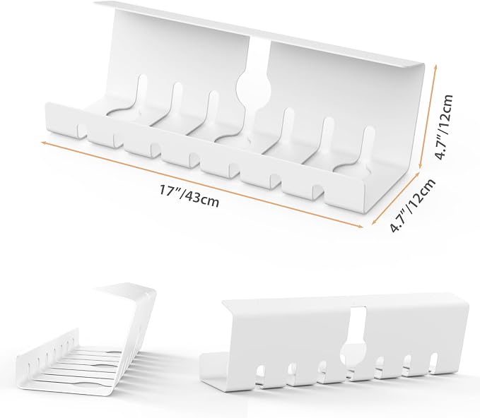 Syeeiex 17" Under Desk Cable Management Tray, No-Drill C-Clamp & Screw Mount, Heavy Duty Metal Cord Organizer with Cable Ties, for Office Home Workspace, White