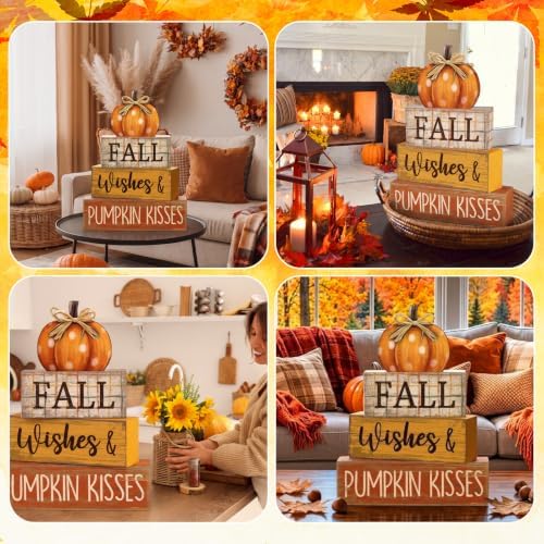 Moucuny 4 Pcs Fall Pumpkin Decor Fall Decorations for Home Wooden Pumpkin Decor Thanksgiving Table Centerpiece Rustic Autumn Stacked Block Signs Farmhouse for Harvest Party Home Kitchen