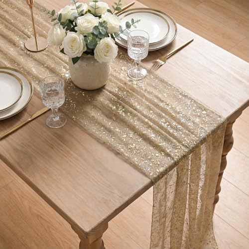 Artoid Mode Coffee Gold Gauze Table Runner 120 Inch 10FT, Glitter Metallic Foil Sheer Dining Wedding Anniversary Holiday Birthday Table Decor for Home Party