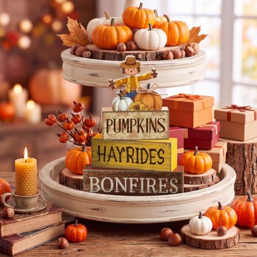 Moucuny 4 Pcs Fall Scarecrow Table Decoration for Home Wooden Stack Decor