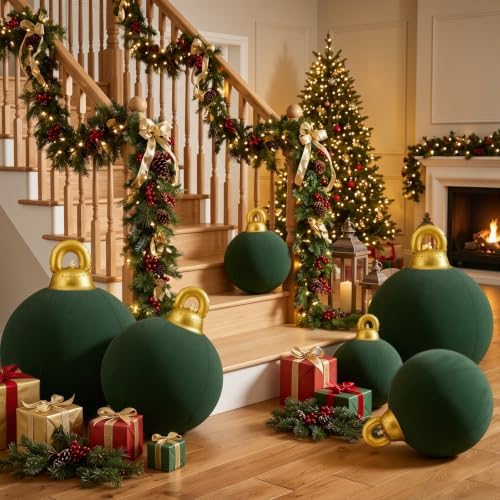 Jenaai 6 Pcs Dark Green Giant Velvet Christmas Inflatable Ball Ornament