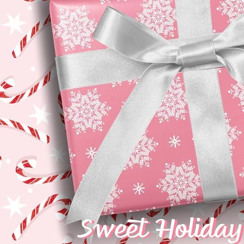 LaRibbons Pink Christmas Wrapping Paper, Reversible Snowflake & Candy Cane