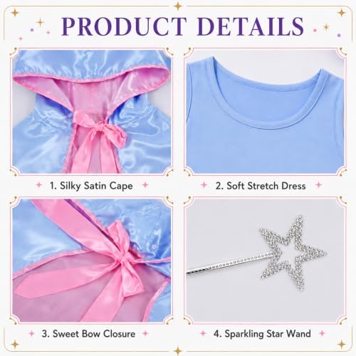 3PCS Fairy Godmother Costume Women Halloween Blue Hooded Cape Outfit