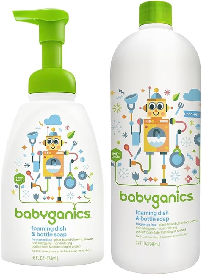 Baby ganics 16 Ounce Dish Dazzler Foaming Dish and Bottle Soap with Refill Kit BUNDLED with Two (2) Bottle Brushes BONUS