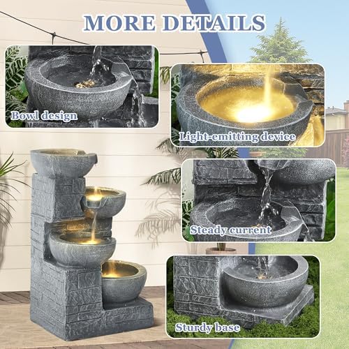 Grepatio 4-Tiers Indoor/Outdoor Garden Water Fountain, 21.9" H Cascading Water Feature Waterfalls Fountain with 4 LED Lights, Outdoor Floor Standing Water Fountains for Garden, Yard, Decor (Grey)