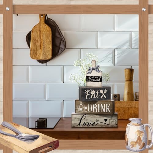 Moucuny 4 Pcs Farmhouse Kitchen Decor Wooden Plate Farmhouse Table Decor
