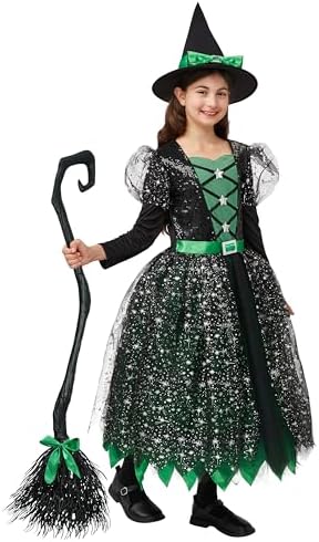 Spooktacular Creations Witch Costume Kids, Light Up Halloween Costumes Witch Dress with Hat and Broom for Girls, Sweet Wizard Set for Toddler Scary Halloween Themed Parties, Green, M