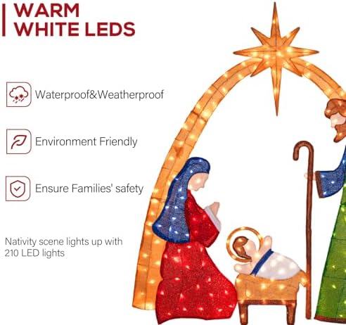 Hykolity 5.5 FT 2.5D Lighted Nativity Scene, Outdoor Christmas Yard Decoration with 210 Warm White LEDs, Stained-Glass Style Fabric and 5 FT Power Cord for Lawn and Porch