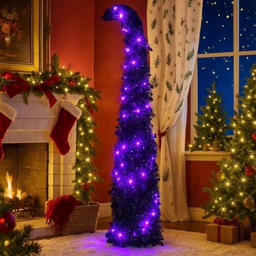 Aurelema 5 ft Curved Halloween Pop up Christmas Tree with Lights Tinsel