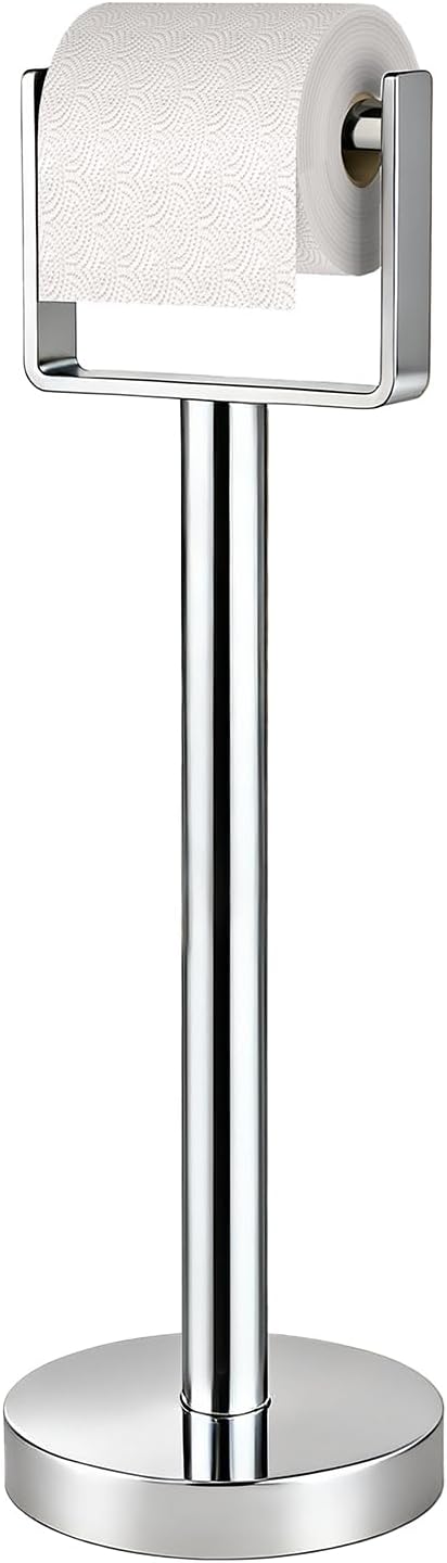 YUMORE Toilet Paper Holder Free Standing, Stainless Steel Toilet Paper Stand, Weighted Base Floor Tissue Roll Holder for Bathroom, Chrome 200UP