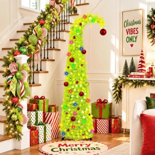 N&T NIETING Whimsical Pop Up Christmas Tree with Lights & 31 Balls, 5Ft Collapsible Tinsel Tree Decorations for Holiday Home Office Decor, Green