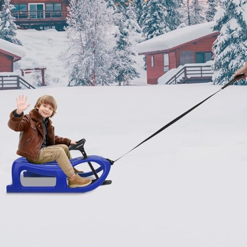 SHZICMY Snow Sled for Kids with Steering Wheel, 220LBS Capacity Winter Sled with Pull Rope, PE & Iron Sled for Outdoor Snowy Hills, Ages 3-12 for Family Winter Fun