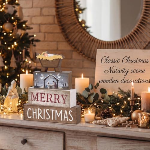 Lineshading 4 Pcs Christmas Table Decor, Wooden Nativity Manger Merry Signs