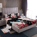 Black Cat Bed Sheet Set Kids Red Rose Sheets Set 4pc Cartoon Cat Microfiber Soft Bedding Set,1 Flat Sheet,1 Deep Pocket Fitted Sheet,2 Pillow Cases（King Size）