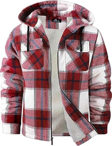 GEEK LIGHTING Men's Flannel Shirts Jacket Sherpa Lined Plaid Zipper Hoodie