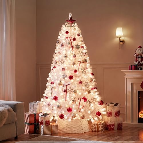 Yaheetech 6ft Pre-lit Christmas Tree with 300 Warm White Lights, White