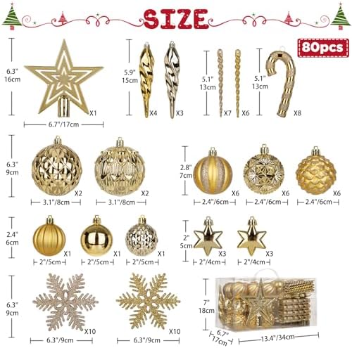 Briful 80ct Gold Christmas Balls Ornament Set, Plastic Shatterproof Christmas Ornament Balls with Tree Topper Candy Canes Snowflakes for Xmas Tree Wreath Garland Decor