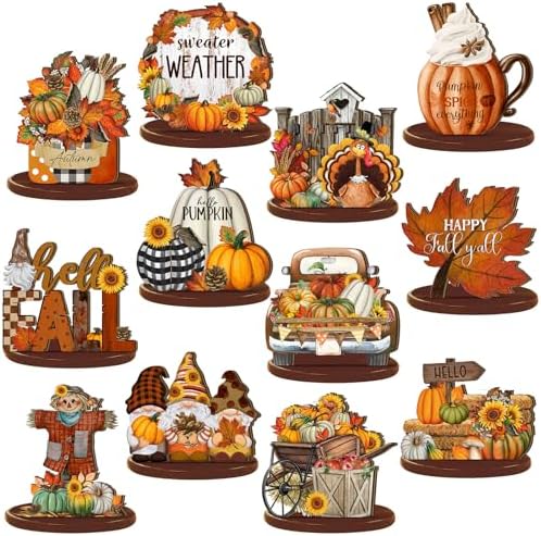 Leinuosen 12 Pcs Fall Table Decorations Thanksgiving Tiered Tray Decor Thanksgiving Centerpieces for Dinner Tables Autumn Gnome Maple Turkey Wooden Sign Fall Decor for Home Kitchen Shelf Farmhouse