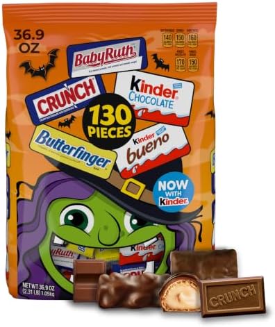 Butterfinger, CRUNCH, Baby Ruth, 100 Grand, Kinder Bueno, Kinder Chocolate, Halloween Candy Fun Size, 130 Minis, 36.9 oz