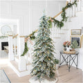 Glitzhome 7.5ft Prelit Christmas Tree, Artificial Christmas Tree with 350 Warm White Lights, Flocked Pencil Christmas Trees Chicago Frostwood Spruce with 1,211 PE&PVC Branch Tips,Sturdy Metal Stand